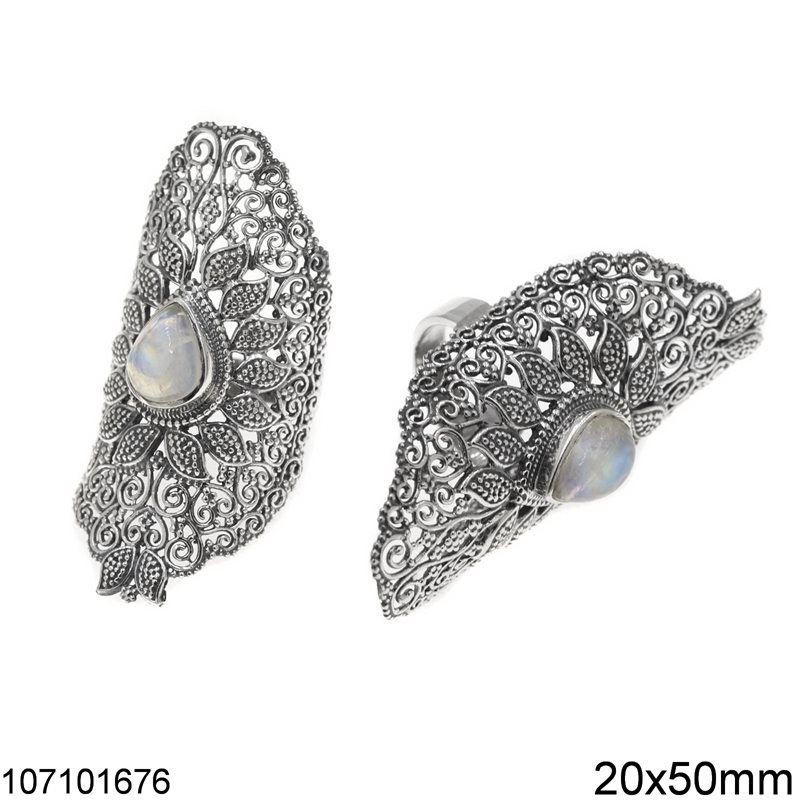 Δαχτυλίδι Ασημένιο 925 Δαντελωτό 20x50mm με Πέτρα Δάκρυ 8x10mm, Οξυντέ