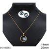 Stainless Steel Set of Necklace with Round Pendant 22mm & Earrings 14mm Evil Eye with Enamel