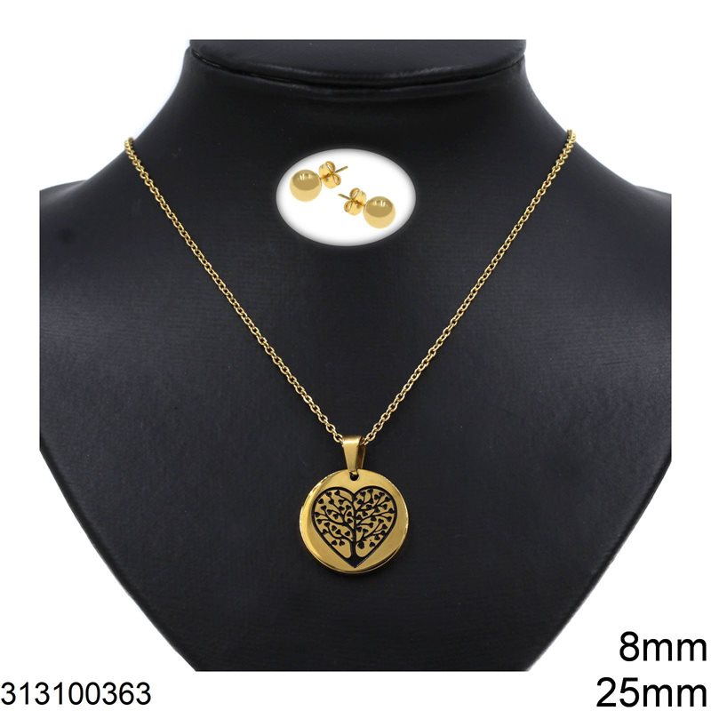 Stainless Steel Set of Necklace Round Pendant Tree in Heart 25mm and Ball Earrings 8mm, Gold