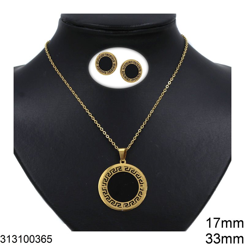 Stainless Steel Set of Necklace Round Pendant 33mm & Earrings 17mm with Meander, Gold Black