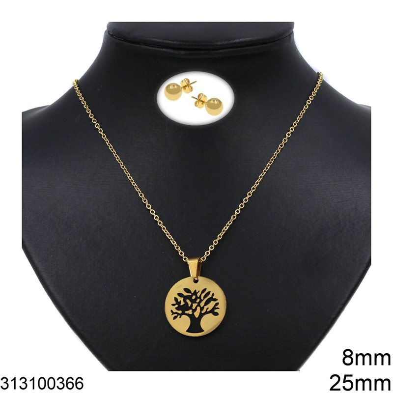 Σετ Ατσάλινο Κολλιέ Στρογγυλό Μενταγιόν με Δέντρο 25mm & Σκουλαρίκια Μπίλια 8mm, Χρυσό
