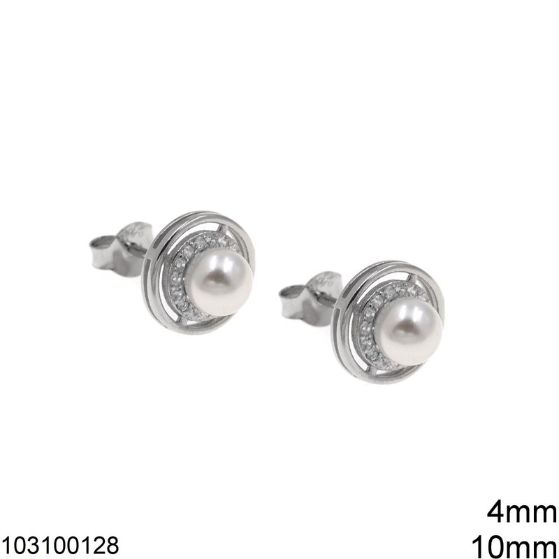 Silver 925 Round Stud Earings 10mm with Zircon and Pearl 4mm