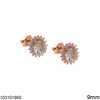 Silver 925 Round Rosette Stud Earings 9mm with V, Rose Gold 