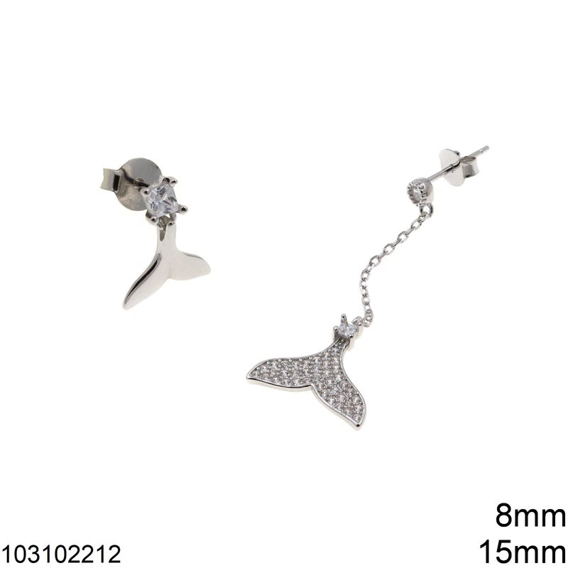 Σκουλαρίκια Ασημένια 925 Καρφάκι Ουρά Φάλαινας 8mm και Κρεμαστή Ουρά με Πέτρες 15mm 