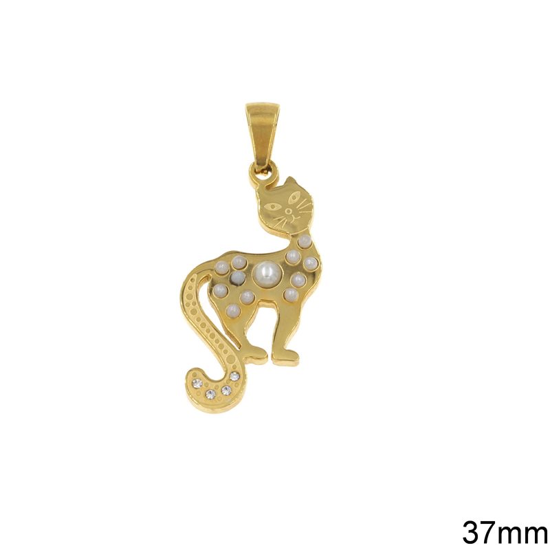 Stainless Steel Pendant Cat 37mm, Gold