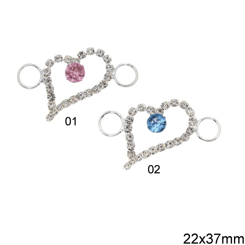 Spacer Heart with Rhinestones 22x37mm, Silver plated NF