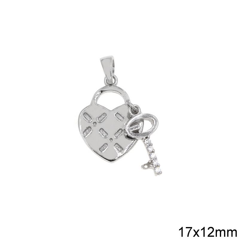 Silver 925 Pendant Heart and Key with Zircon 17x12mm