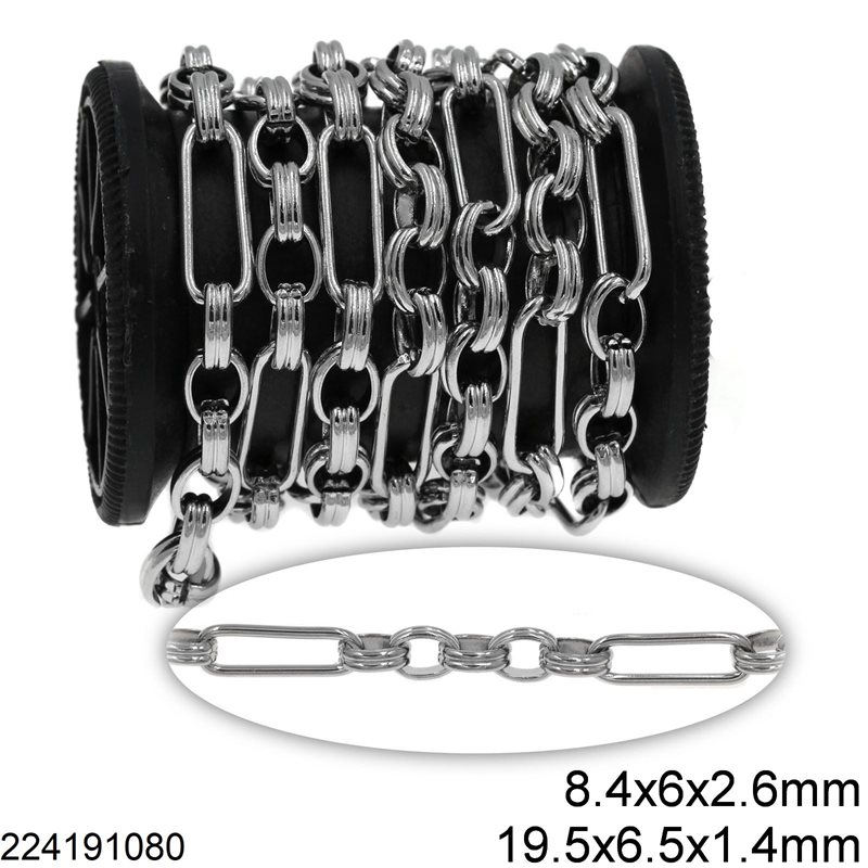 Stainless Steel Link Chain with Oval Double Ring 8.4x6x2.6mm and Oval Ring 19.5x8.5x1.4mm