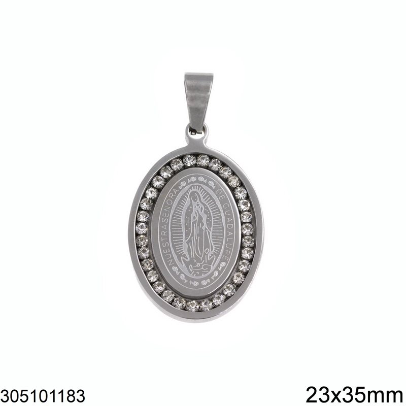 Stainless Steel Oval Pendant Jesus with Stones 23x35mm