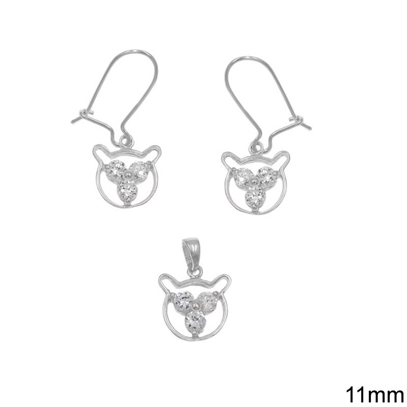 Silver 925 Set of Pendant & Hook Earrings Cat 11mm