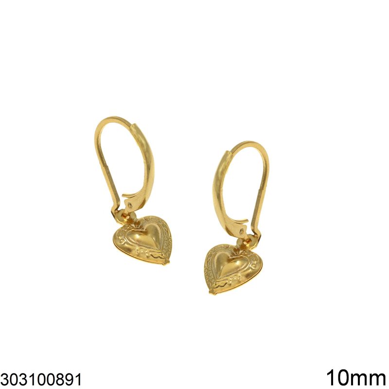Brass Hook Earrings with Heart 10mm, Gold plated