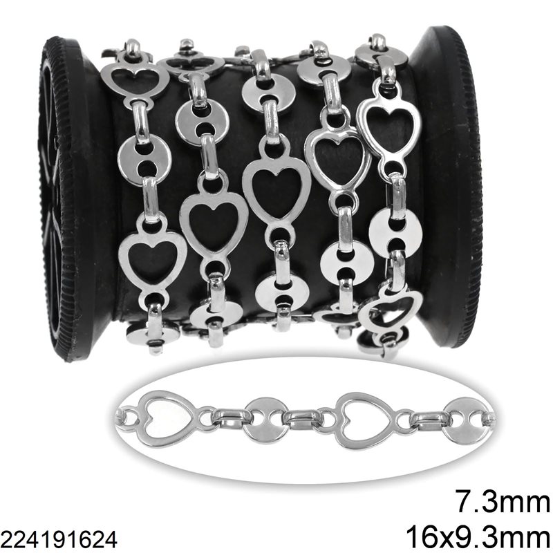 Stainless Steel Chain with Heart Spacer 16x9.3mm and Round Spacer 7.3mm