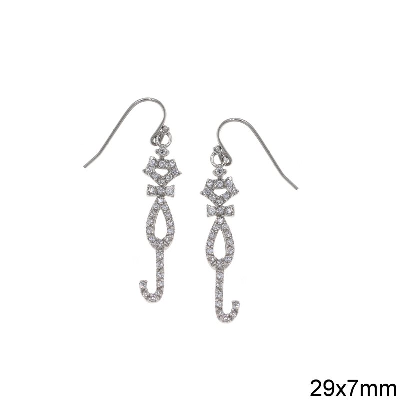 Silver 925 Hook Earrings Cat with Zircon 29x7mm