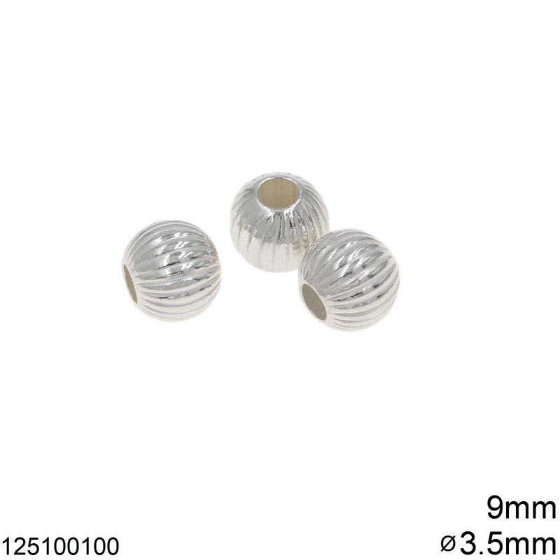 Silver 925 Round Bead 9mm Line Textured with 3.5mm Hole