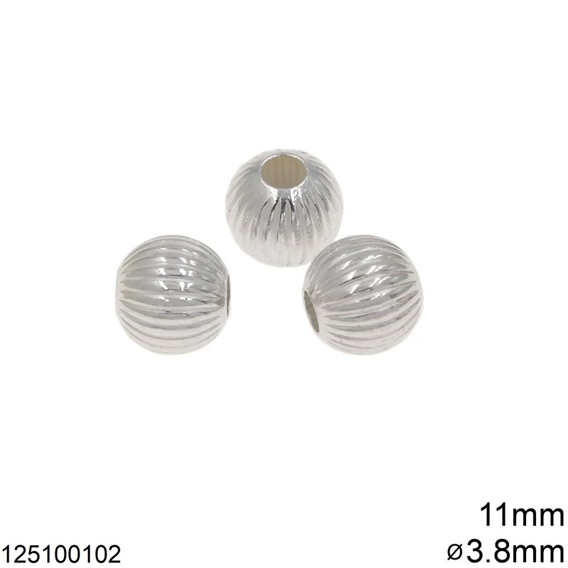 Silver 925 Round Bead 11mm Line Textured with 3.8mm Hole