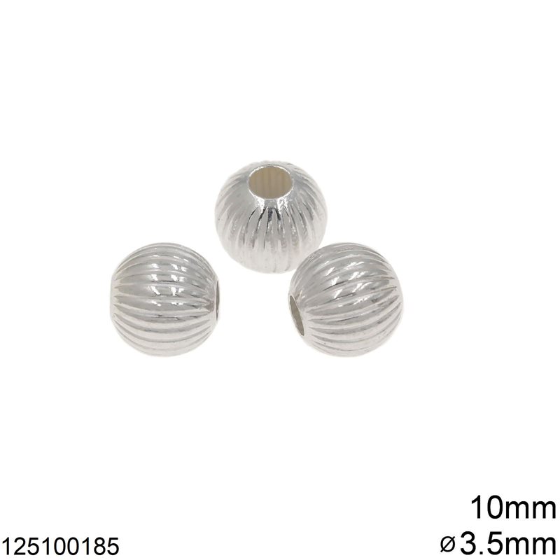 Silver 925 Round Bead 10mm Line Textured with 3.5mm Hole