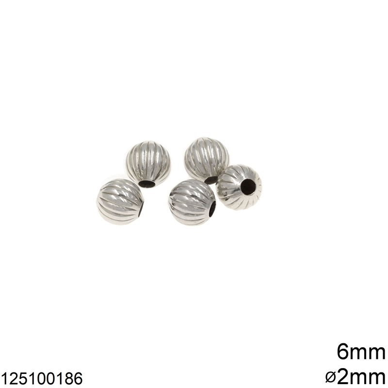 Silver 925 Round Bead 6mm Line Textured with 2mm Hole