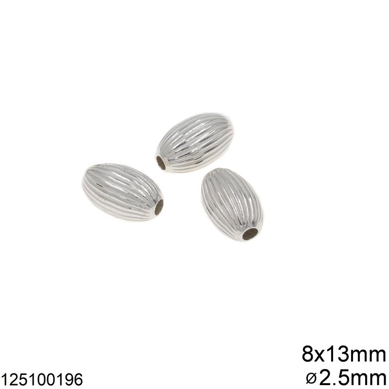 Silver 925 Oval Bead 8x13mm Line Textured with 2.5mm Hole