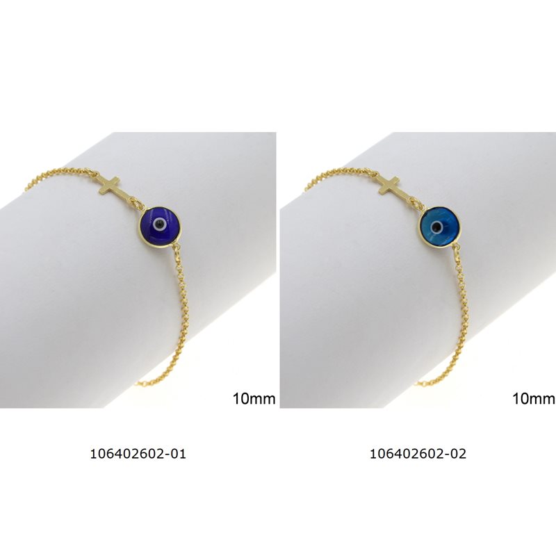 Silver 925 Bracelet with Cross 14x6mm and Murano Evil Eye 10mm,18-19cm Gold plated
