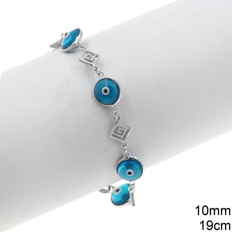 Silver 925 Bracelet with Meander and Glass Evil Eye 10mm, 19cm
