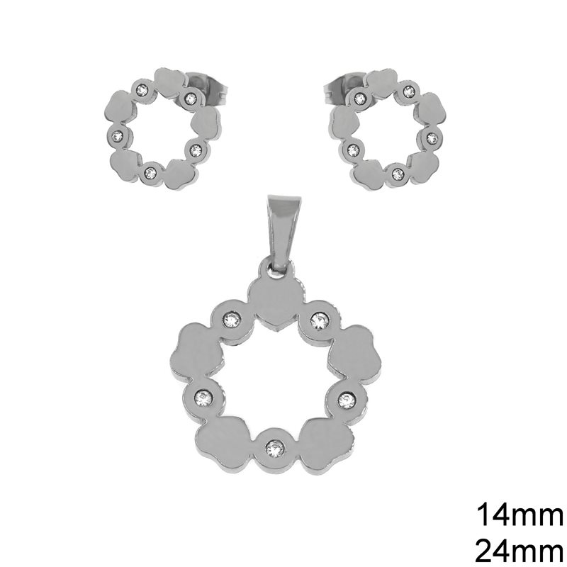 Stainless Steel Set of Pendant 24mm & Stud Earrings 14mm with Hearts
