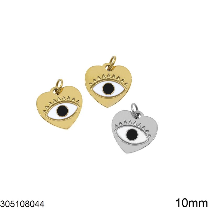 Stainless Steel Heart Evil Eye Pendant with Enamel 10mm