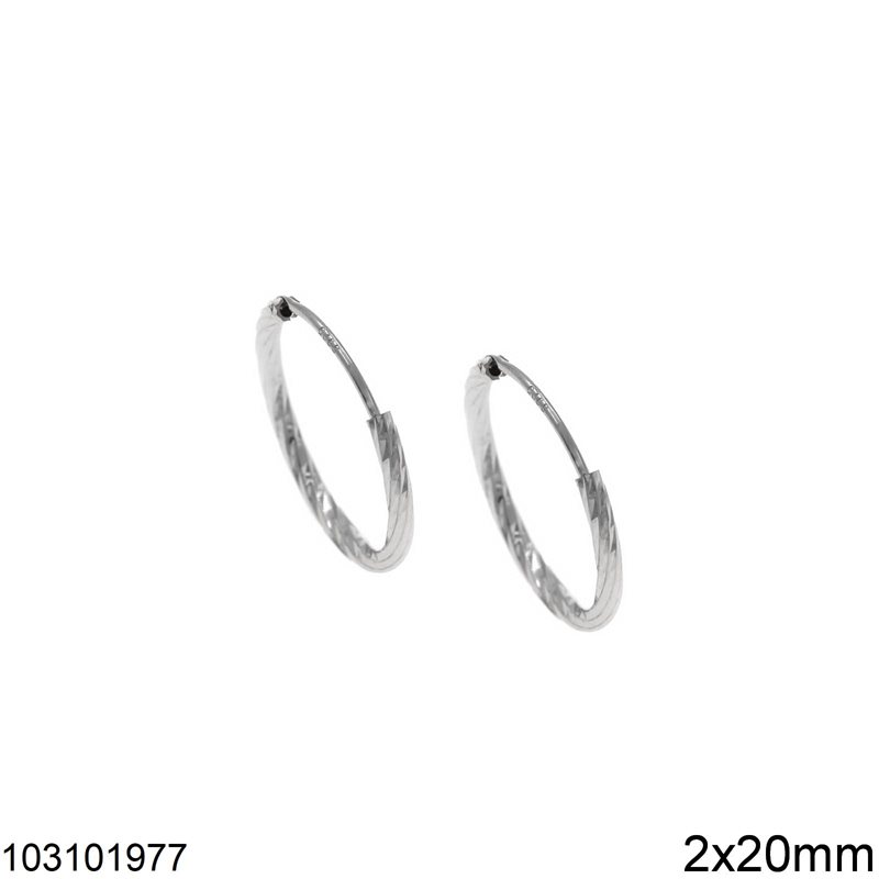 Silver 925 Hoop Earrings Diamond Cut 2x20mm 