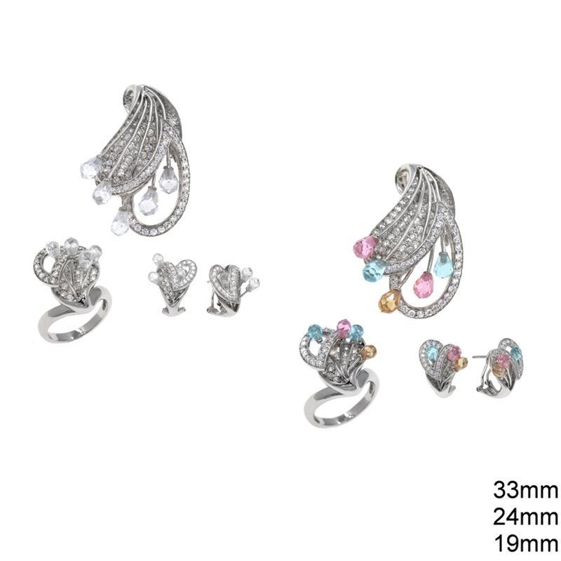 Silver 925 Set of Pendant 33mm, Ring 24mm & Earrings 19mm with Zircon