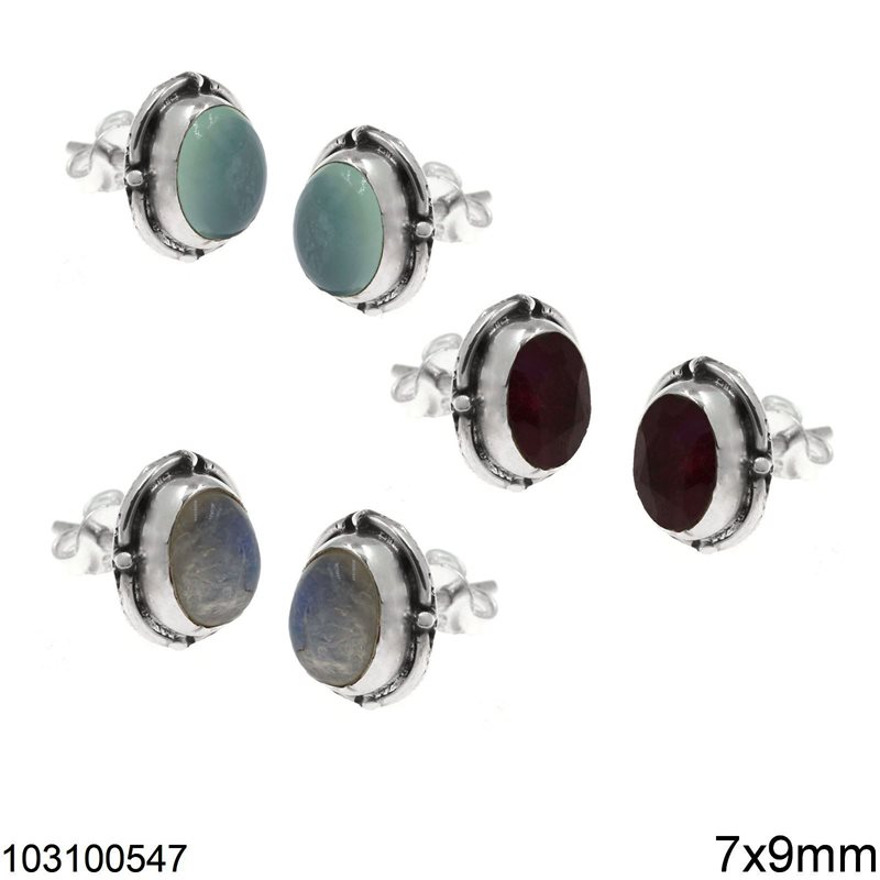 Silver 925 Stud Oval Earrings with Semi Precious Stones 7x9mm