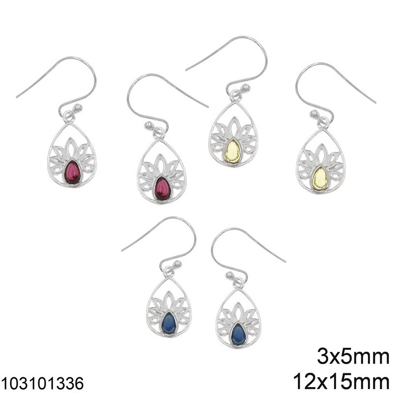 Silver 925 Hook Earrings Pearshape Water Lily 12x15mm with Semi Precious Stone 2x5mm