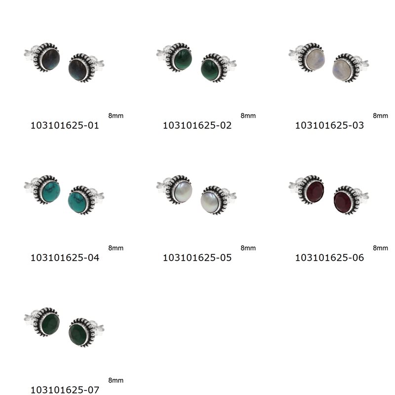 Silver 925 Stud Round Earrings with Semi Precious Stone 8mm