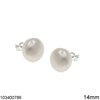 Silver 925 Stud Earrings with Round Flat Freshwater Pearl 14mm