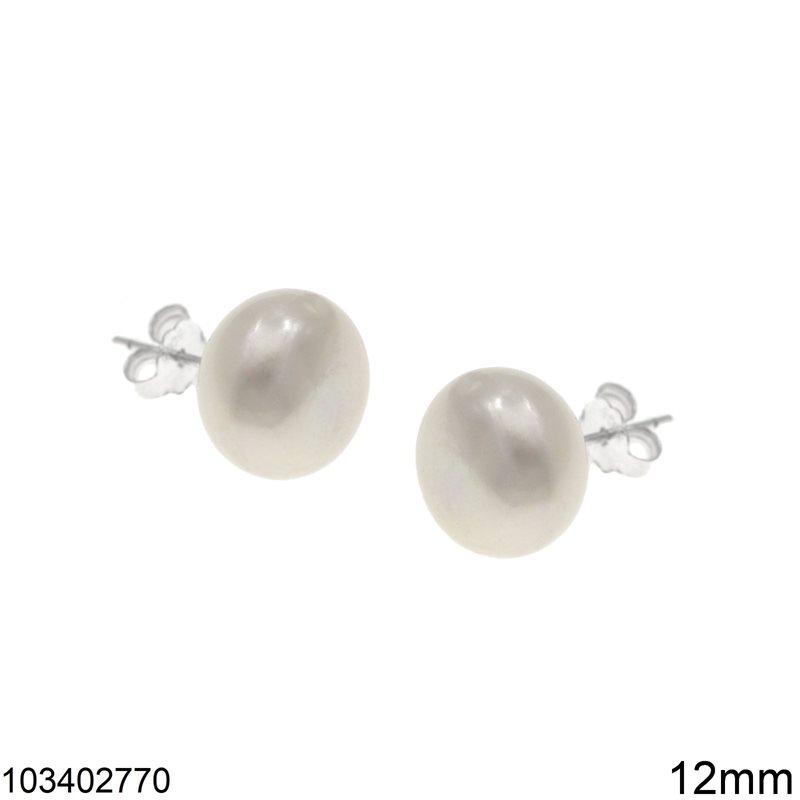 Silver 925 Stud Earrings with Round Flat Freshwater Pearl 12mm