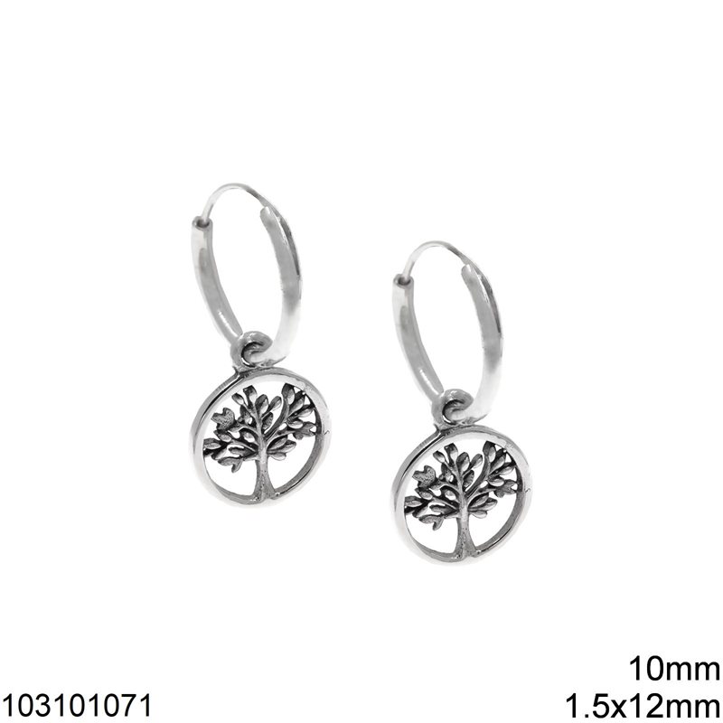 Silver 925 Hoop Earrings 1.5x12mm Circle with Tree 10mm