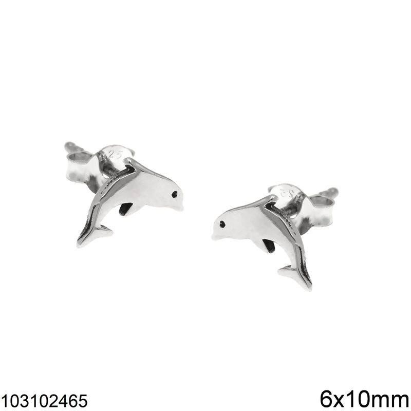 Silver 925 Stud Earrings Dolphin 6x10mm
