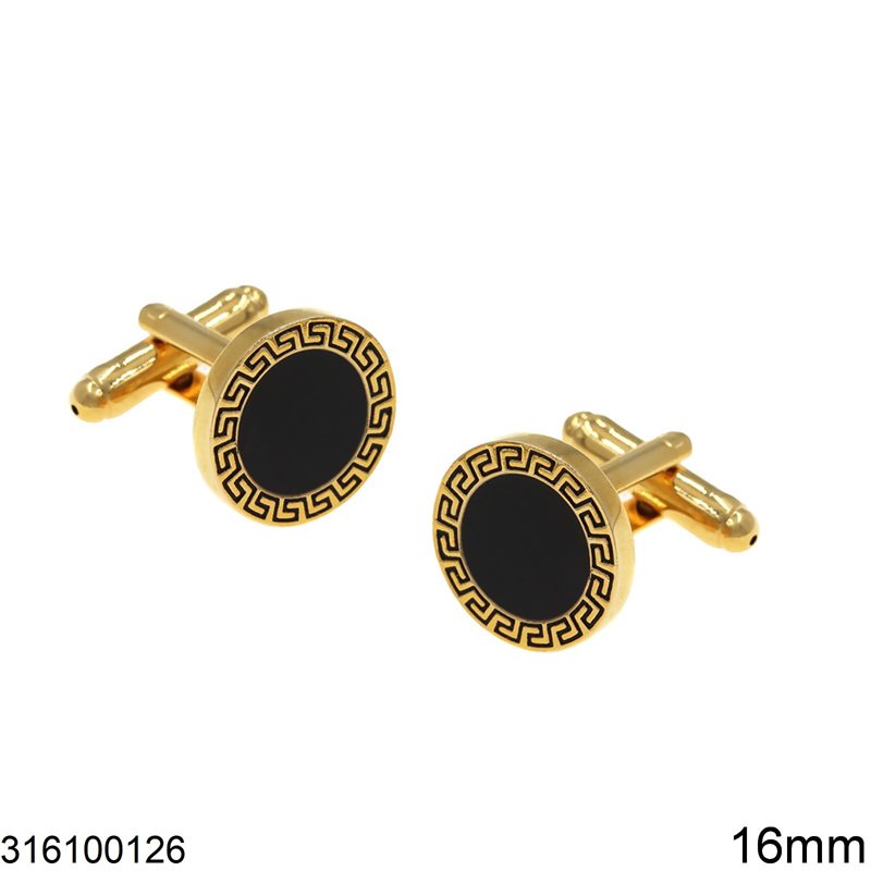 Stainless Steel Round Cufflinks with Meander 16mm, Gold