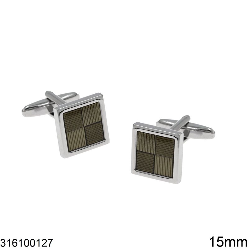 Stainless Steel Square Cufflinks with Stripes 15mm, Two Tone