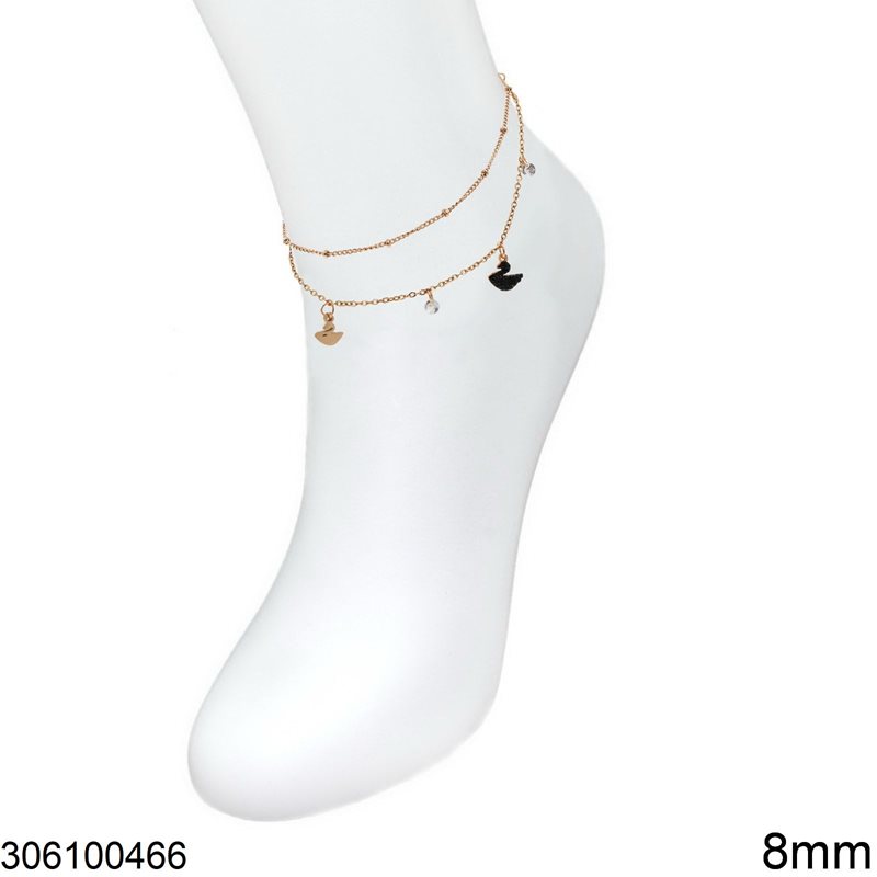Stainless Steel Anklet with Swan 8mm and Stones, Rose Gold
