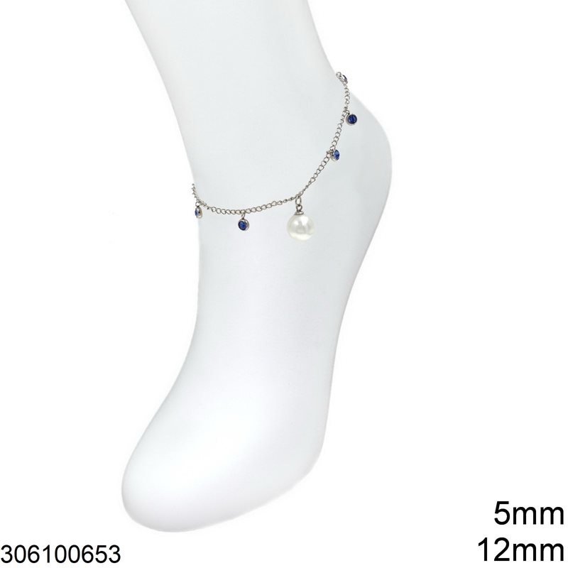 Stainless Steel Anklet with Rhinestones 5mm and Pearl 12mm