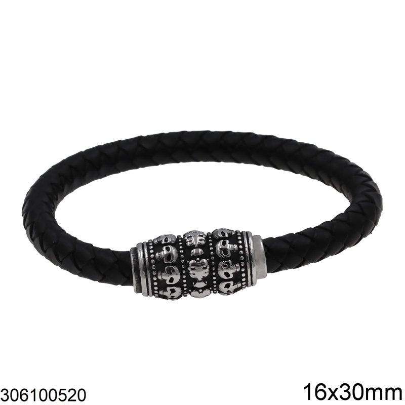 Stainless Steel Imitation Leather Braided Bracelet with Skulls Magnetic Clasp 16x30mm