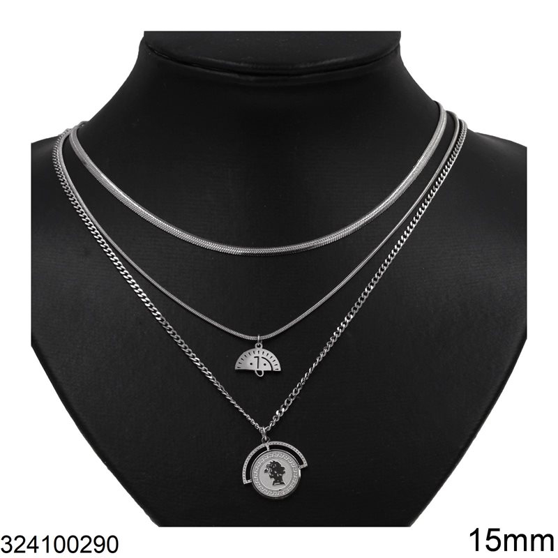 Stainless Steel Necklace 3-Chain with Coin 15mm