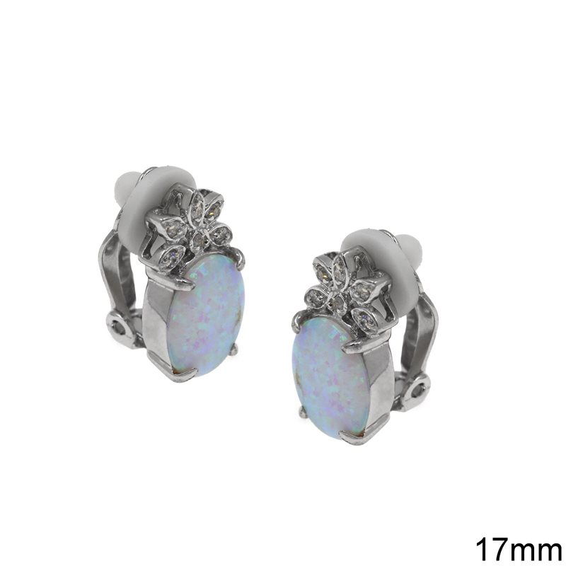Silver 925 Earrings Daisy with Zircon and Oval Opal 17mm