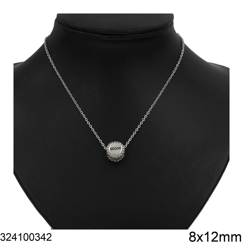 Stainless Steel Round Bead Necklace with "Mom" and Strass 8x12mm