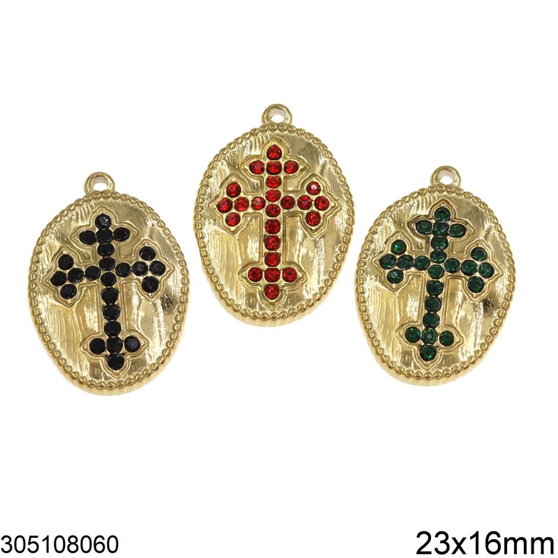 Stainless Steel Oval Pendant Cross with Rhinestones 23x16mm