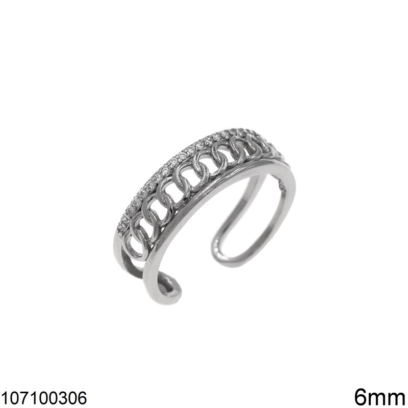 Δαχτυλίδι Ασημένιο 925 Αλυσίδα Σχέδιο και Πέτρες, Ανοιγόμενο 6mm