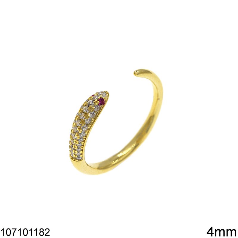 Δαχτυλίδι Ασημένιο 925 Φίδι με Πέτρες 4mm, Ανοιγόμενο 