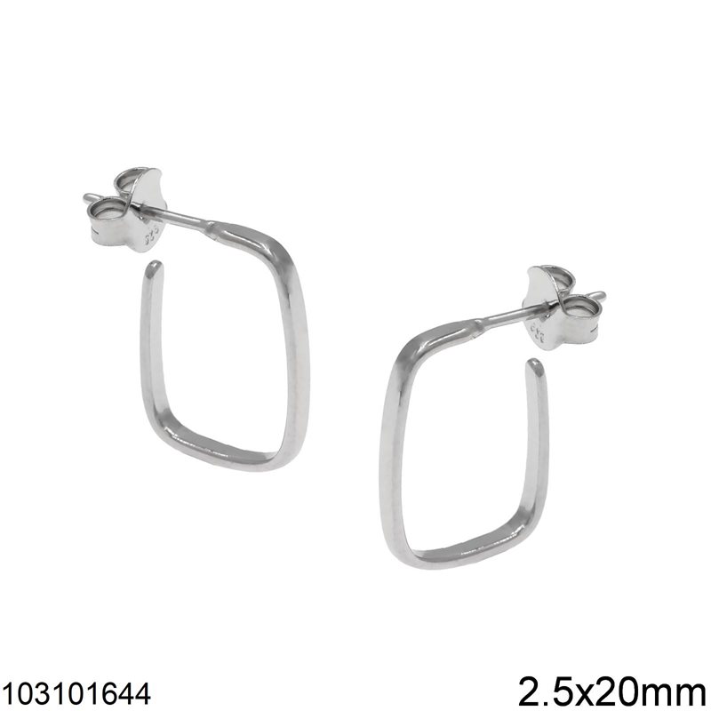 Silver 925 Stud Earrings Hoop Square 2.5x20mm, Rhodium Plated