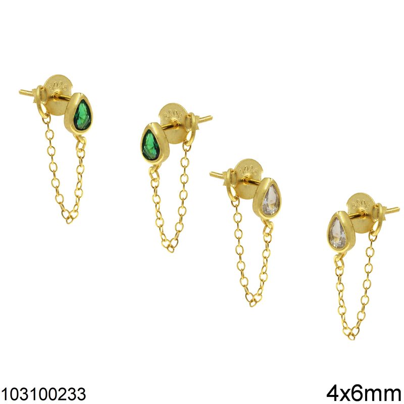 Silver 925 Stud Earrings Zircon Pearshape with Chain 4x6mm