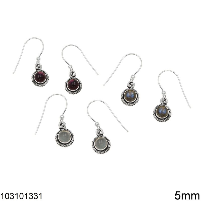 Silver 925 Hook Earrings with Round Semi Precious Stone 5mm