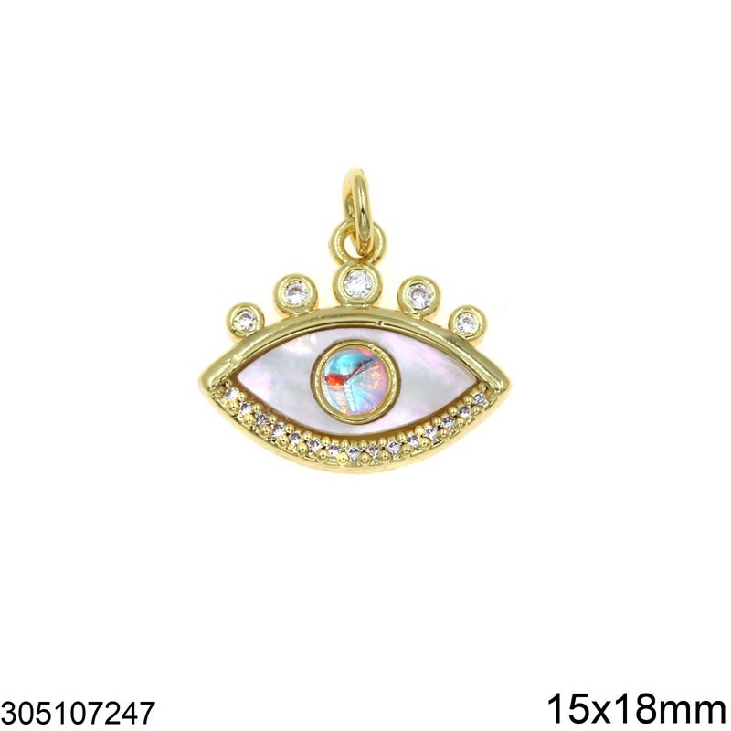 Brass Evil Eye Pendant with Shell and Zircon 15x18mm, Gold plated NF